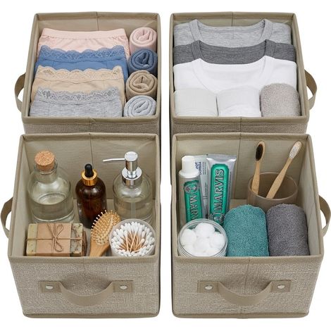 Set 4 Scatole Organizer Armadio e Cassetti in Tessuto Pieghevoli con Maniglia15x17x14 cm BEIGE Contenitori Multiuso Salvaspazio ordine in camera Bagno Cameretta Bambini