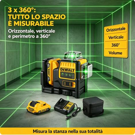 DEWALT DW089LG Livella Laser 3 Linee 360° Raggio Verde Autolivellante Kit Batteria 12V + Caricabatterie