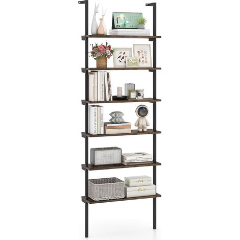 COSTWAY Scaffale a Scala 6 Ripiani, Mensola da Parete Industriale con Struttura Metallica, Scaffale di Esposizione Multiuso per Ufficio Soggiorno Cucina, 60x20x183 cm (Marrone) (1/5)