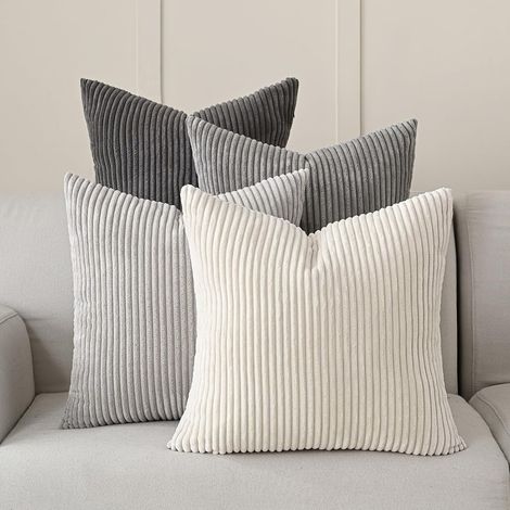 4er-Set weiche quadratische dekorative Kissenbezüge im rustikalen Stil, gestreifte Cord-Kissenbezüge für Zuhause, Couch, Sofa, 45,7 x 45,7 cm, neutrales Grau
