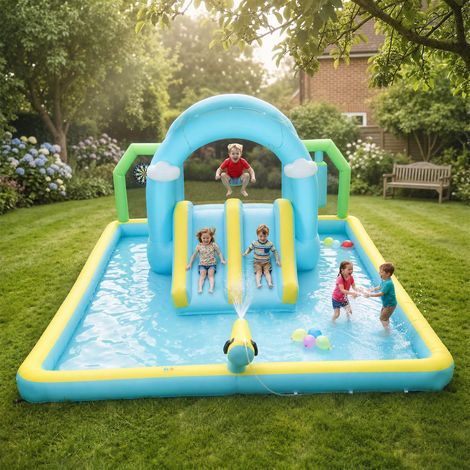 Castillo Hinchable Acuático 7 en 1 con Soplador 2 Toboganes Trampolín Piscina Canasta Columna de Boxeo 426x360x198 cm (1/5)