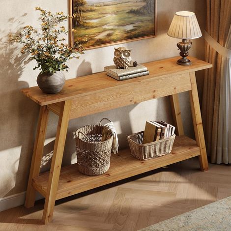 Tribesigns Console en Bois Massif, Console d’entrée 110 cm avec 2 tiroirs, Console de canapé Double étagère avec Rangement pour Couloir, Salon, Hall et entrée