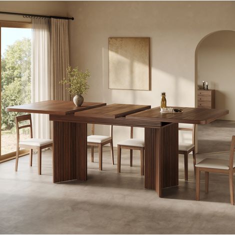 Mesa de comedor extensible 120-160x80 cm con tablero extensible, patas en V ranuradas, estructura estable MDF marrón (1/5)