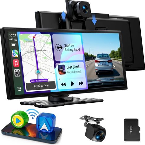 Écran CarPlay Voiture sans Fil 10,25 Pouces Autoradio Android Auto Stéréo Car Play avec Dashcam Avant 2,5K Caméra Arrière 1080P avec Navigation Bluetooth FM AUX Enregistrement Loop 64GB TF (1/5)