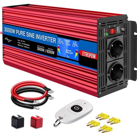 3000W convertisseur 24v 220v Pur Sinus transformateur  2 Prises EU AC et USB, télécommande sans Fil et écran LCD Onduleur pour Les systèmes Solaire, Voiture, Camping, Voyage (1/5)