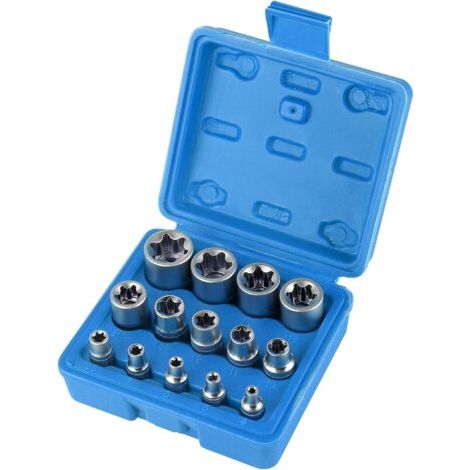 Sollbry Coffret Douille Torx Femelle 1/4" 3/8" 1/2", Douille de Profilés E Torx E4, E5, E6, E7, E8, E10, E11, E12, E14, E16, E18, E20, E22, E24 avec Boîte Bleue (1/5)