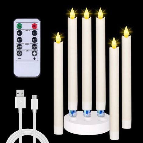 Lot de 6 bougies coniques rechargeables sans flamme à DEL vacillantes avec station de charge et télécommande, intensité variable et 4 minuteries, bougie pilier électronique pour maison, mariage [Class (1/5)