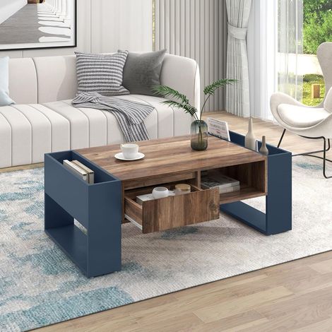 Table de Salon avec Tiroir, avec Espace de Rangement, Table Basse pour Salon, 111 x 60 x 40 cm, Couleur Bois + Gris Noir