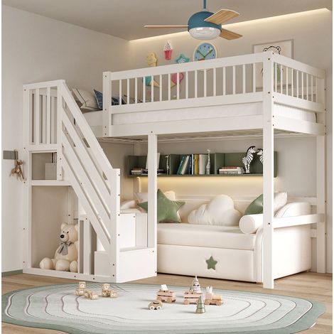 Letto a Soppalco 90x200 cm con Scala Contenitore Bianca (1/5)