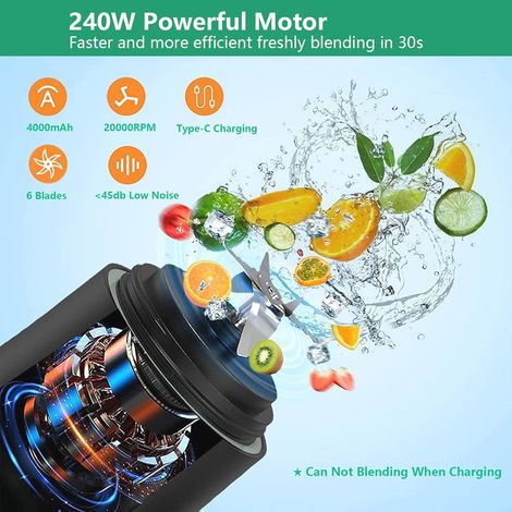 Frullatore portatile, capacità 600 ml, dotato di 6 lame, batteria da 4000 mAh, prepara 20 bicchieri di succo, ideale per viaggi, cucina, ufficio e attività all'aperto. Bianco. (1/4)