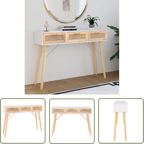 The Living Store Konsolentisch Weiß 105x30x75 cm Massivholz Kiefer Natur-Rattan - Konsolentisch - Wohnzimmermöbel - Skandinavisches Design - Weißer Tisch - Holzmöbel (1/5)