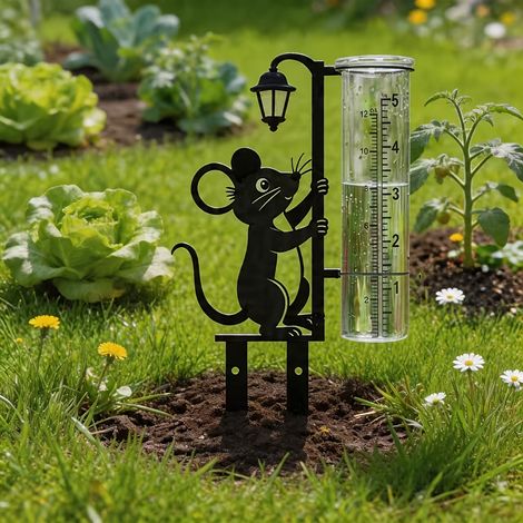 Piquet de jardin souris avec pluviomètre décoratif en métal, Ornement extérieur pour terrasse et massif (1/5)