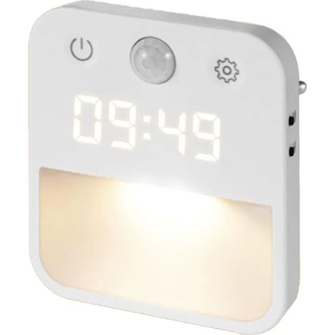 LED-Nachtlicht, zum Einstecken, mit Bewegungsmelder und Uhr, 3 Farbtemperaturen, einstellbare Helligkeit, geeignet für Treppenhäuser, Schlafzimmer und Flure.