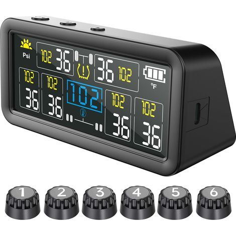 Système de surveillance de la pression des pneus, TPMS pour camping-car avec 6 capteurs externes et écran LCD couleur 4", 6 modes d'alerte, TPMS solaire intelligent marche/arrêt pour voiture, camionne (1/5)