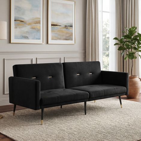 Canapé convertible 2 places en velours noir, dossiers indépendants réglables 5 positions, fonction lit, 6 pieds métal 20 cm, charge 180 kg (1/5)