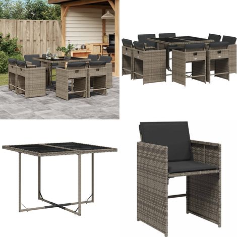 9-tlg. Garten-Essgruppe mit Kissen Grau Poly Rattan - Gartengestelle - Gartenmöbelset - Esstisch - Gartenstühle - Outdoor Möbel - Home & Living