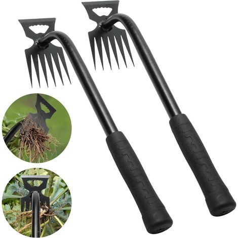 2 Pièces Outil de Désherbage, Désherbeur Manuel avec Poignée,6 Dents Arrache Mauvaise Herbes, pour Désherber Votre Jardin, Creuser (Noir) (1/5)