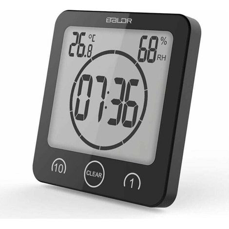 Wasserdichte digitale Badezimmer-Wanduhr mit Wecker, Touchscreen, Temperatur- und Feuchtigkeitsanzeige, Saugnapf, Schwarz (1/5)