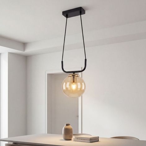 Hängeleuchte Metall H: max. 72 cm Schwarz Bernstein E27 Kugel Schirm Modern Hängelampe