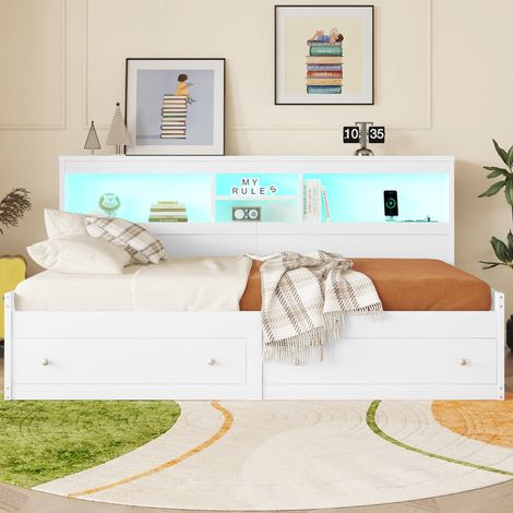Lit banquette 203x115x90 cm en bois blanc, rangement intégré, pour studio, sans matelas – MEUBLIV (1/5)