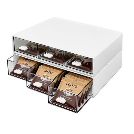 Boite a The Vrac, Boite a Thé et Boites a The Compartiments avec Tiroir, Organisateur Bureau Plastique Blanc pour Thé Café Sachets Sucre, 21x14x5,8cm Lot de 2 (1/5)