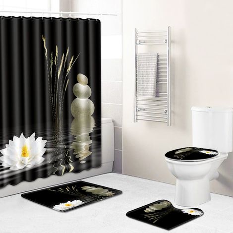 4 pièces Ensemble de Rideaux de Douche Zen Stones Blanc Lotus Noir Rideaux de Douche Imperméable Rideau de Salle de Bain Couverture de Toilette Tapis Tapis Antidérapant 180x180cm