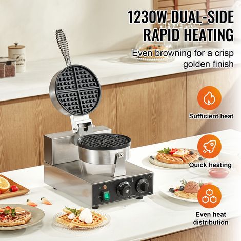 Gaufrier professionnel inox antiadhésif 1230W rond, appareil à gaufres belges avec minuterie et thermostat, poignée, pour café restaurant traiteur snack famille (1/5)