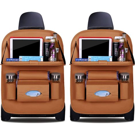 MINKUROW Auto-Organizer Rückenlehnenschutz Luxus Pu-Leder Autositzschutz mit faltbarer Tablet-Halterung Wasserdichter Rückenlehnenschutz Rückenlehnentasche für Kinder (Braun - 2er-Set) (1/4)