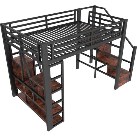 Kinder-Hochbett 140 x 200 cm aus Metall und MDF, schwarz, mit LED, Regalen und Stauraumtreppe (1/5)