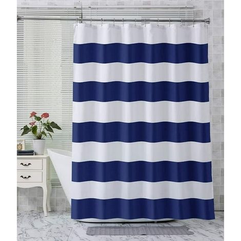 Rideau de Douche Rayé pour Salle de Bains, Tissu Qualité Hôtel avec 2 Aimants Lourds Transparents, Décoration Rayures Marine, 183 x 183 cm (1/5)