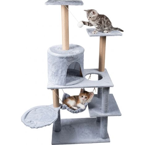Griffoir pour chat, lit, tour, maison, 5 niveaux, gris