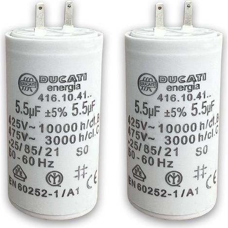 Condensateurs pour réparation de moteur de volet roulant SOMFY, SIMU - Condensateur cylindriques à 2 cosses Faston 2,8 - spécial remplacement - pour moteur de volet. - 5,5 uF - Lot de 2