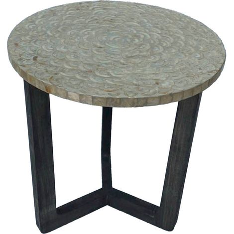 table d'appoint ronde bois beige et capiz style industriel - beige bois et doré capiz