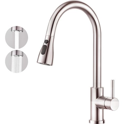 Robinet de cuisine avec douchette mitigeur, robinet extensible, 2 modes de douchette, robinet rotatif à 360°, robinet de cuisine en acier inoxydable (1/5)