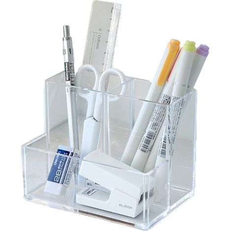Pot à crayons acrylique transparent avec 3 compartiments organiseur pour pinceaux de maquillage et accessoires de bureau