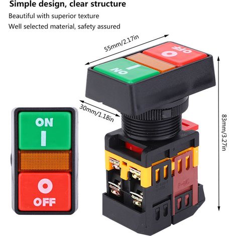 Interrupteur double bouton poussoir PPBB-30N avec voyant LED marche/arrêt momentané 380V AC 83x55x30 mm 1 pièce (1/5)