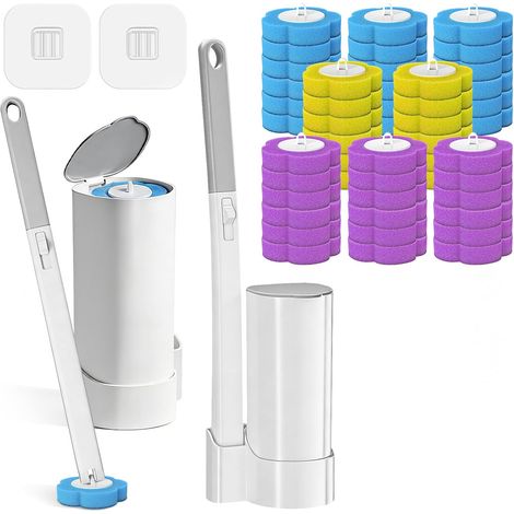 Brosse WC Jetable,Brosse WC Murale,Lot de 2 Brosse Toilettes WC avec 48 Recharges Nettoyantes,Toilet Brush avec Manche Aallongé et Support pour Toilet,Toilettes, Salle de Bain, Lavabo (1/5)