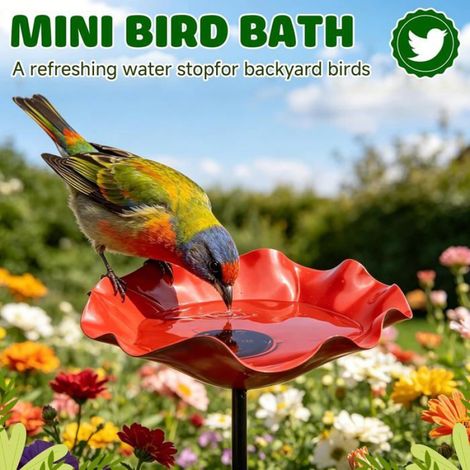 Abreuvoir Oiseaux - Tige Métal Thermolaqué Rouge - Bassin Fleur 15 cm - Anti-Gel Extérieur - Jardin Terrasse Balcon - 1 Pièce (1/5)