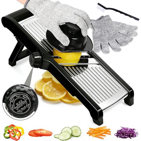 Cortador de verduras multifuncional para cocina, mandolina ajustable de acero inoxidable con protector de manos y guantes de seguridad, rebanador de verduras para frutas y verduras (1/5)