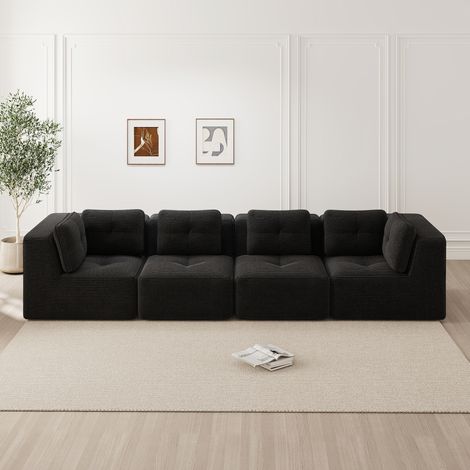 Sofá modular de 4 plazas con asiento profundo 74 cm, pana negra, sin montaje OKMYHOME (1/5)