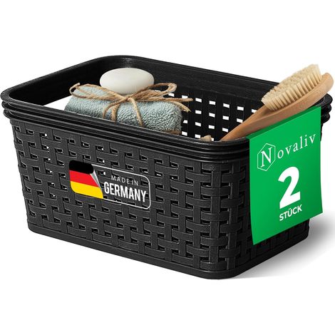 Panier de rangement élégant Novaliv 2 pièces aspect rotin Plastique noir 2L Parfait pour la salle de bain et le rangement des vêtements. Boîte de