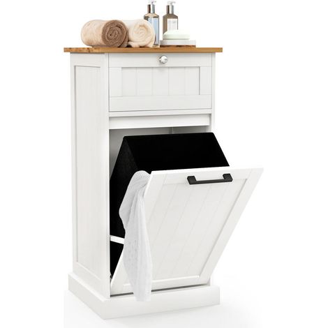 Salle de bain ou buanderie, armoire à linge avec panier inclinable, poignées métal et charnières (1/5)