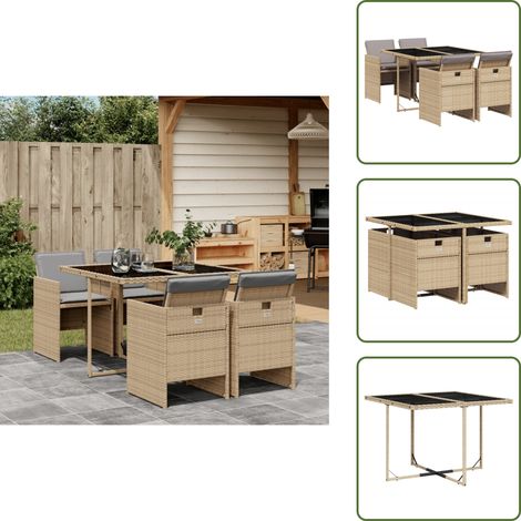 The Living Store Ensemble à manger de jardin coussins 5 pcs mélange beige rotin - Salon De Jardin - Meuble De Jardin - Set De Jardin - Mobilier De Jardin - Table De Jardin