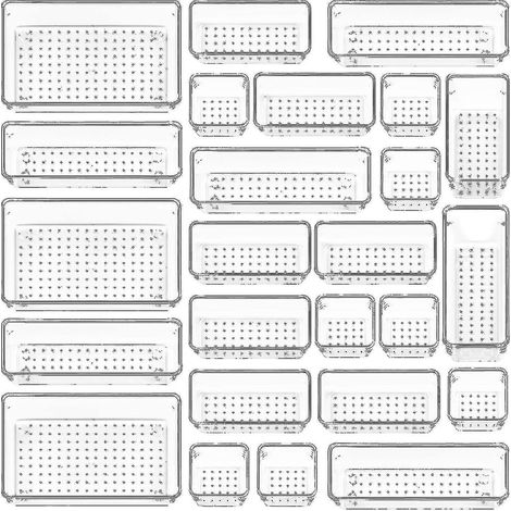 Ensemble de 25 organisateurs de tiroirs en plastique transparent, 4 tailles de plateaux organisateurs de tiroirs multifonctionnels pour salle de bain et cosmétiques (ls) (1/4)