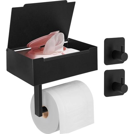 Porte-rouleau de papier toilette en acier inoxydable sans perçage - Porte-rouleau WC noir avec boîte pour lingettes humides - Porte-papier toilette autocollant avec 2 crochets adhésifs - (1/5)