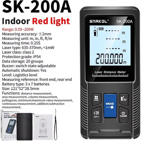 SNAKOL 3-in-1 Laser-Entfernungsmesser mit Maßband: 40/50/70/100/120 Meter, SK-200A 200 m Tragbares digitales elektronisches Messgerät (1/5)