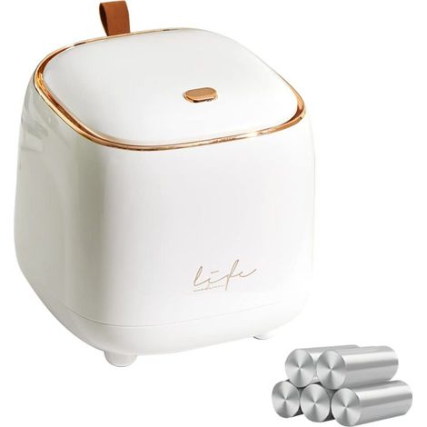 Mini poubelle de comptoir avec couvercle, 1,5 L, sac poubelle pour meubles de salle de bain et tables basses, blanche + 5 sacs poubelle (1/5)