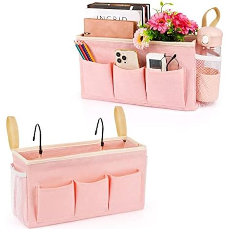 Lilithye Lot de 2 paniers de rangement de chevet avec sangles fixes et porte-bouteille d'eau pour maison, université, dortoir, lit superposé, lit d'hôpital, berceau (2 pièces, rose) (1/5)