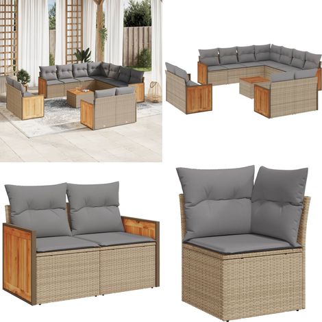 12-tlg. Garten-Sofagarnitur mit Kissen Beige Poly Rattan - Gartenmöbel Set - Rattan Möbel - Outdoor Lounge - Esstisch - Sofasatz - Home & Living (1/5)