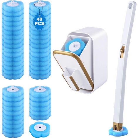 Brosse WC jetable avec 48 recharges, brosse WC murale avec support, brosse de cuvette de toilette avec 1 baguette de toilette, 1 boîte de rangement pour le nettoyage de la salle de bain (1/5)